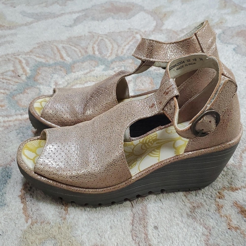 Fly London Luna Metallic Perforated wedge sandals